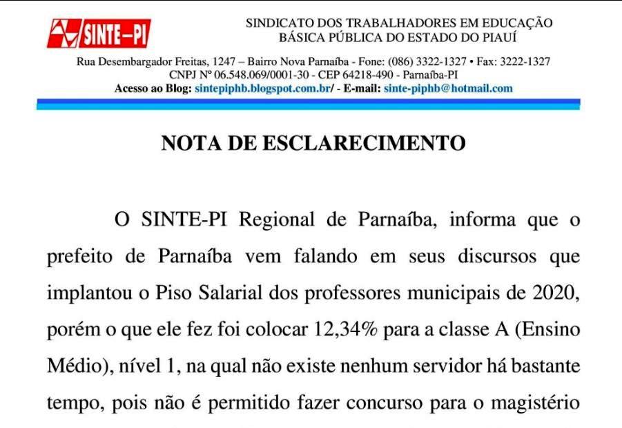 Sindicato dos professores de Parnaíba desmente Mão Santa sobre aumento salarial