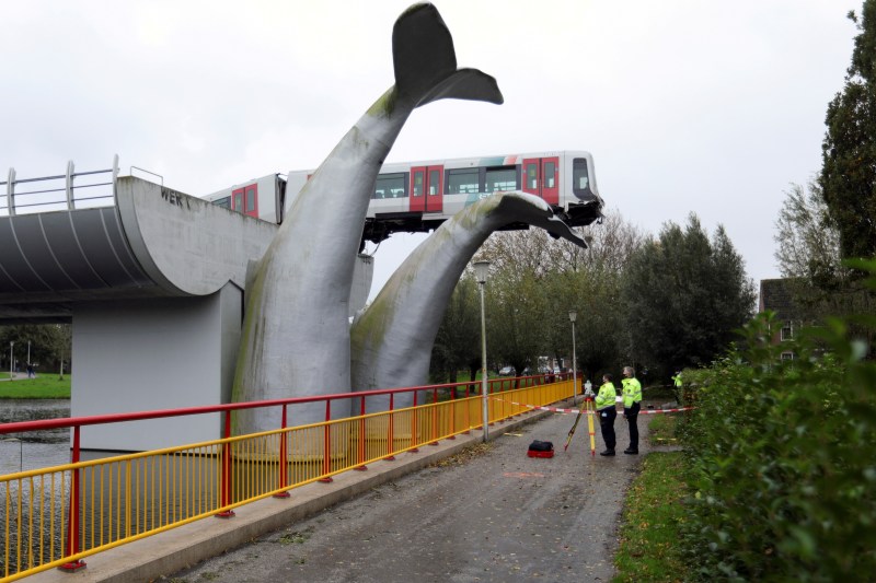 Trem é ‘salvo’ de queda de 10 metros por escultura de baleia na Holanda