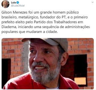 Lula lembra de vitória de Gilson Menezes pelo PT