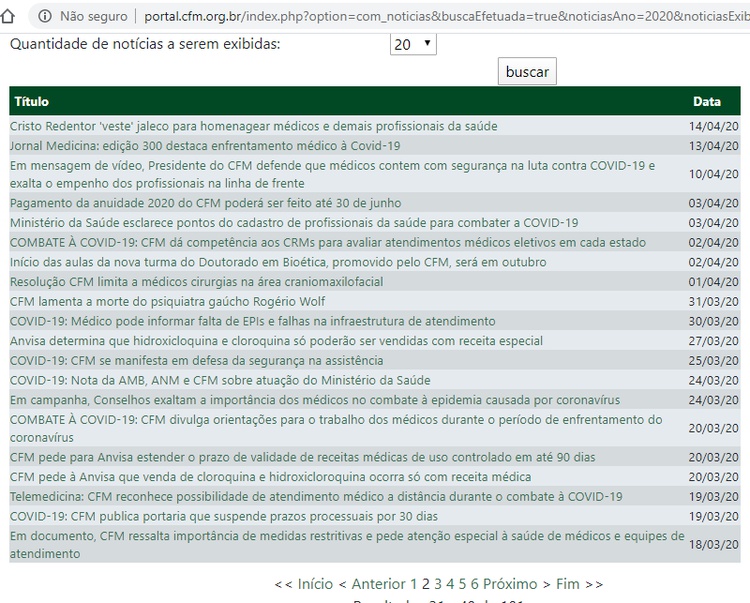 Histórico de notas e notícias publicadas pelo CFM