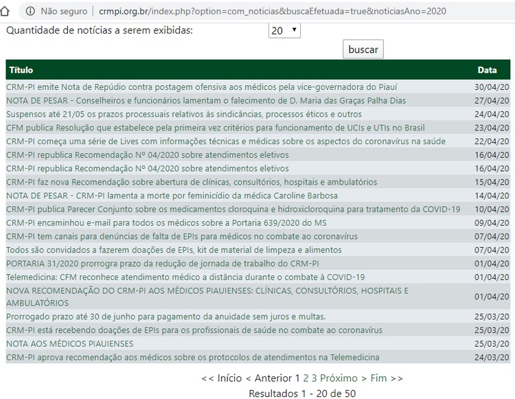 Histórico de notas e notícias publicadas pelo CRM-PI