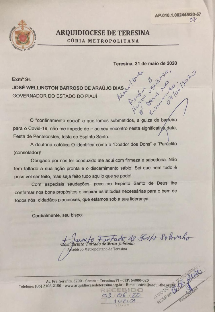Carta de Dom Jacinto a Wellington Dias
