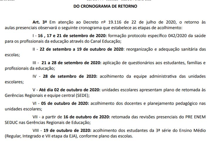 Cronograma para retorno das aulas presenciais no Piauí