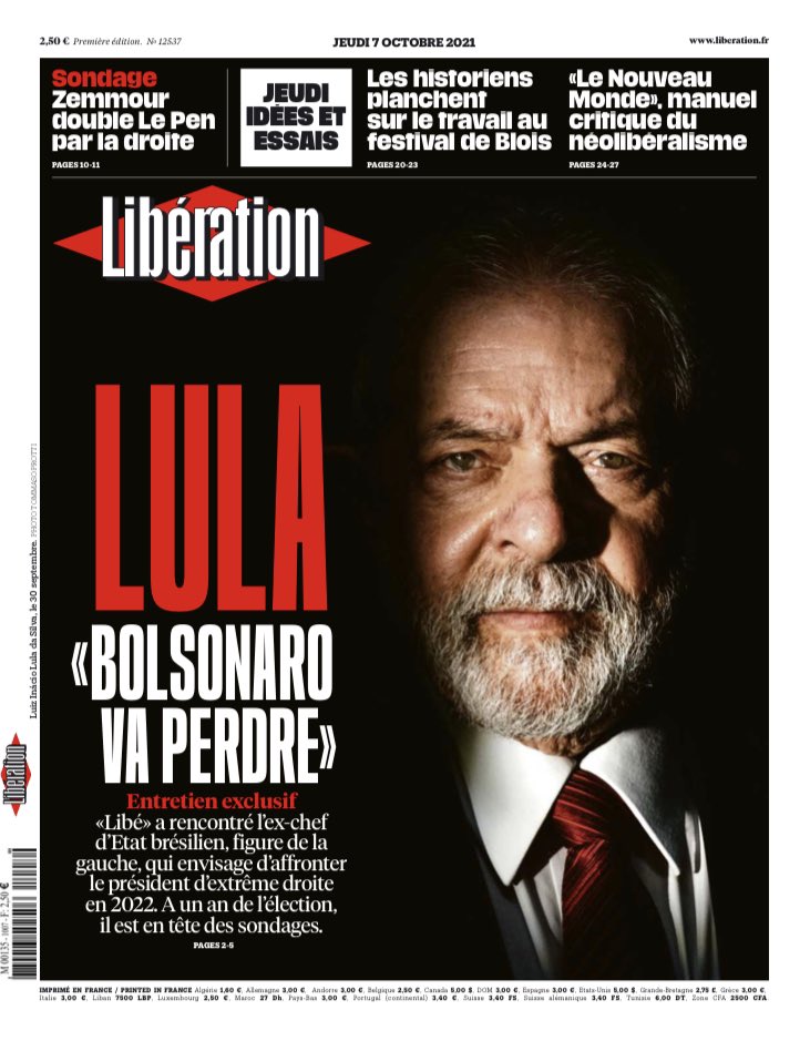 Lula é capa do jornal francês Libération: “Bolsonaro vai perder”