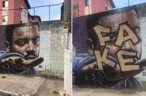 O artista cobriu a imagem do rapper com a palavra “fake”(Dél Grafites/Instagram)
