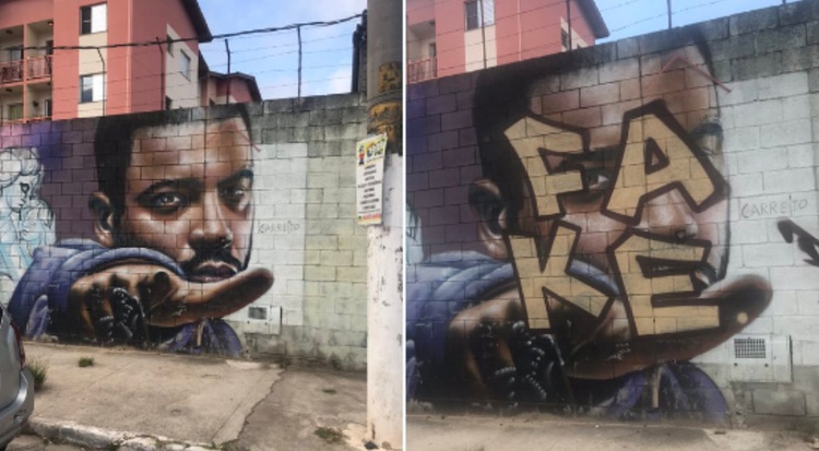 O artista cobriu a imagem do rapper com a palavra “fake”
