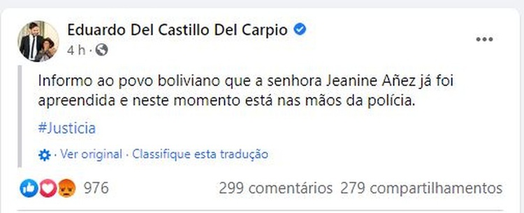 Post do ministro de Governo Eduardo Del Castillo Del Carpio