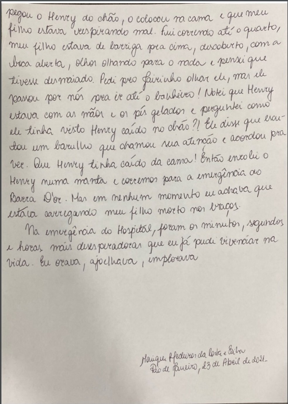 Leia a carta de 29 páginas em que a mãe de Henry acusa Dr. Jairinho de agressão