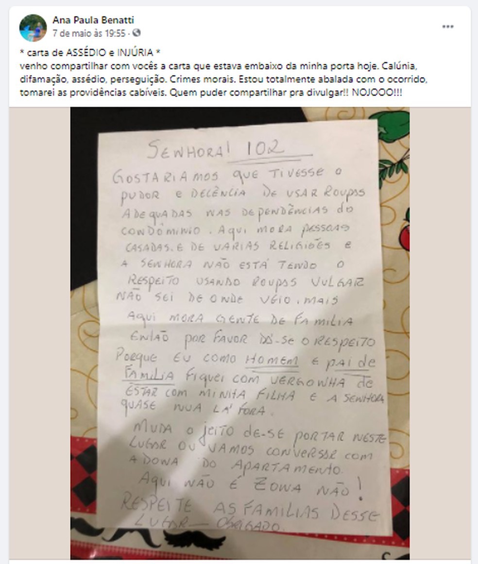 Ana Paula publicou a carta nas redes sociais afirmando estar abalada com o ocorrido