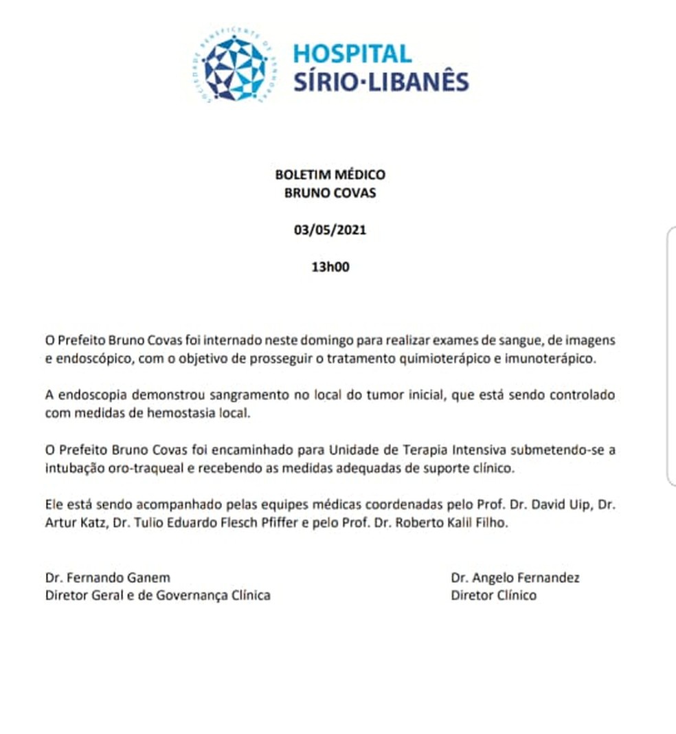 Boletim médico do prefeito Bruno Covas divulgado elo Hospital Sírio-Libanês