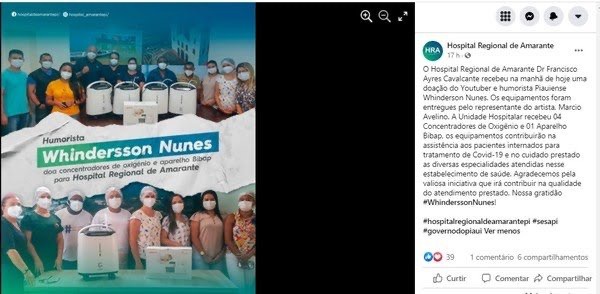 Doação de Whindersson Nunes para hospital em Amarante