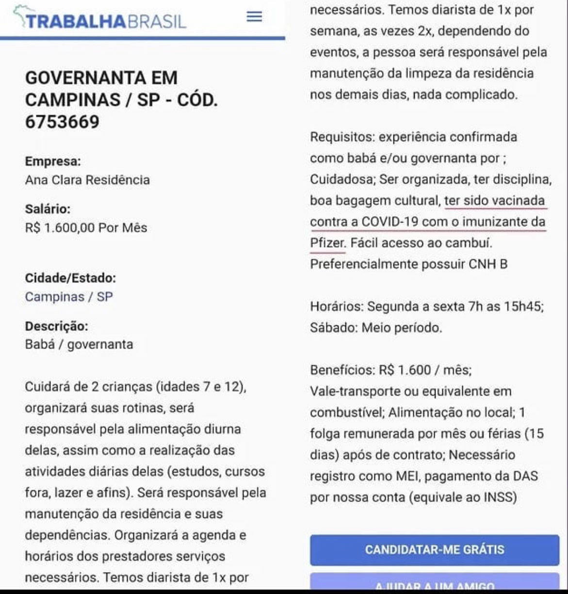 Anúncio feito pela empregadora