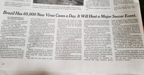 New York Times destaca Copa América no Brasil com 60 mil novos casos de Covid por dia