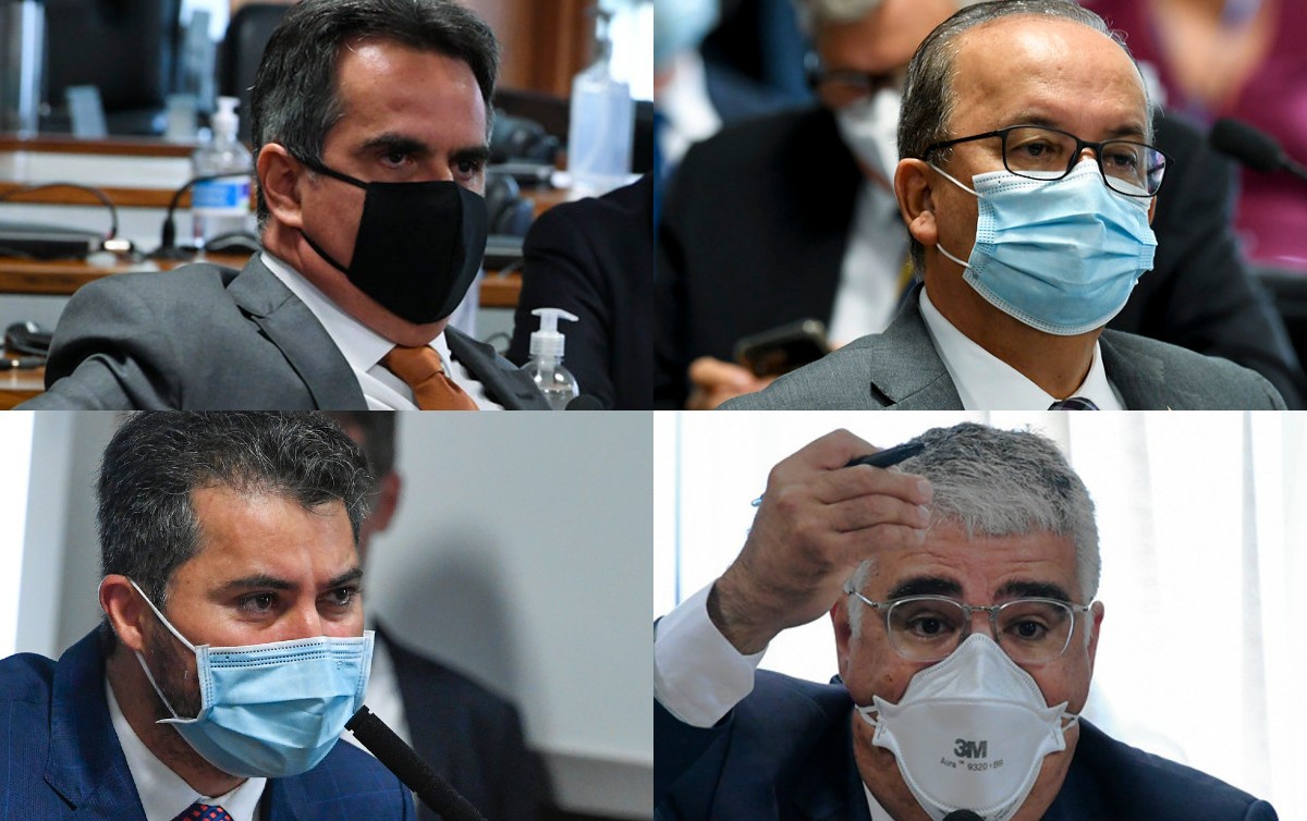 Ciro Nogueira, Jorginho Mello, Marcos Rogério, Eduardo Girão (da esq. para a dir. em sentido horário). Grupo bolsonarista na CPI da Covid seguem conturbando os trabalhos