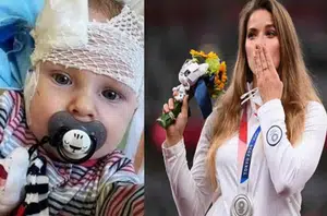A medalhista Maria Andrejczyk e o bebê q(Divulgação)