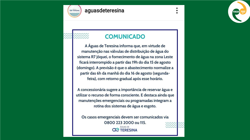 Vai faltar água em Teresina: será domingo na zona leste