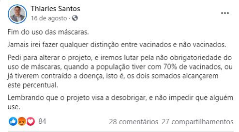 Publicação nas redes reforçando o fim do uso de máscaras