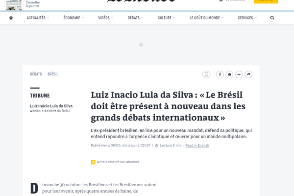 Le Monde publica coluna de Lula: “Em janeiro, Brasil voltará à cena internacional para construir um mundo melhor”