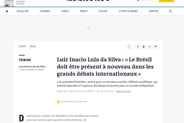 Principal jornal francês publica coluna de Lula na véspera das eleições