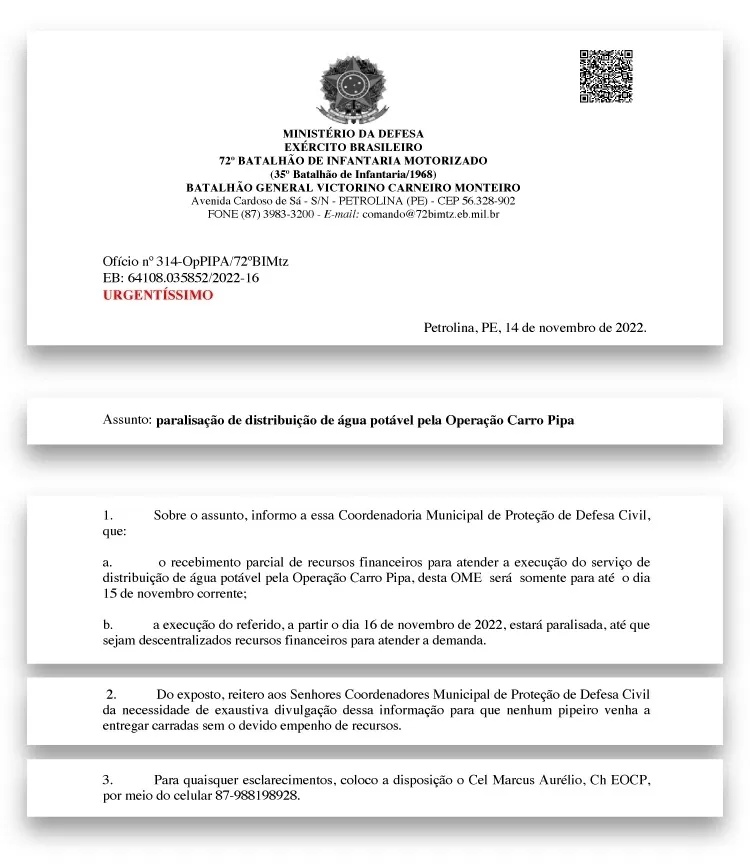Documento entregue às defesas civis dos municípios de PE e BA
