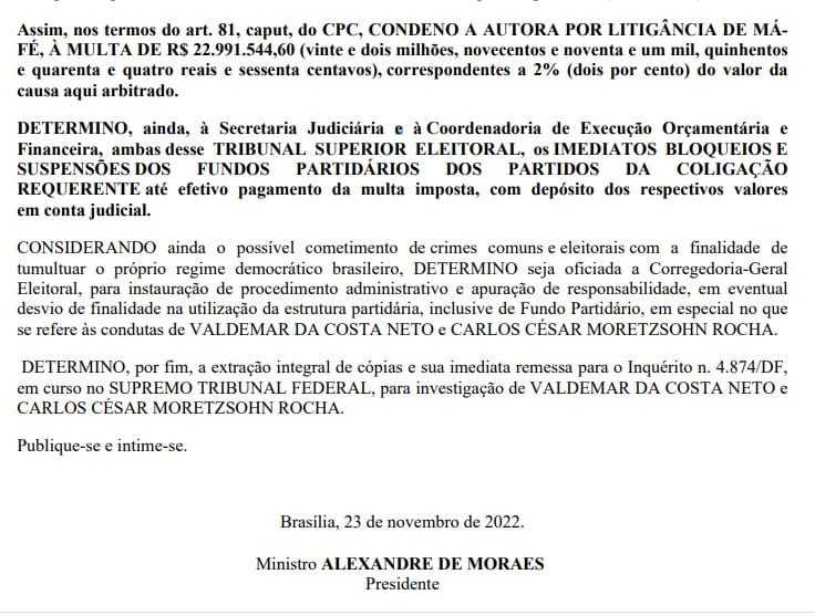 Reprodução de trecho decisão de Alexandre de Moraes