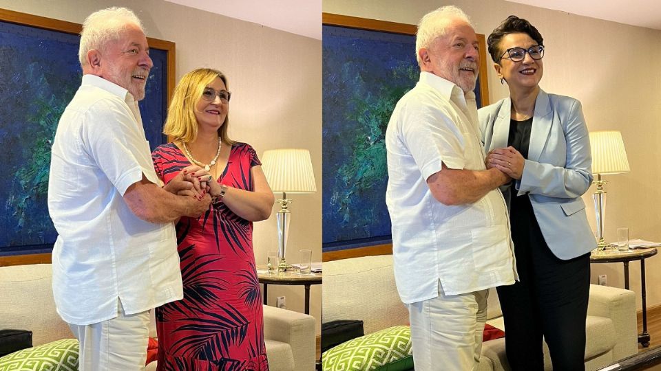 Lula com Maria Rita Serrano, futuro presidenta da CEF, e com Tarciana Medeiros, que comandará o BB