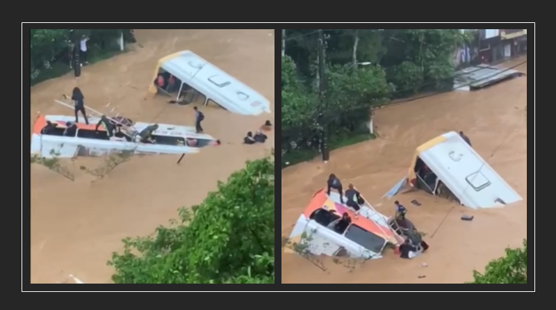 Vídeo mostra o drama de passageiros tentando sair de ônibus que se afunda