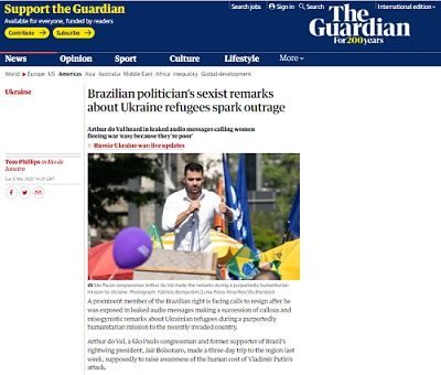 The Guardian, portal de notícias britânico, noticiou a fala sexista de Arthur do Val, deputado de São Paulo