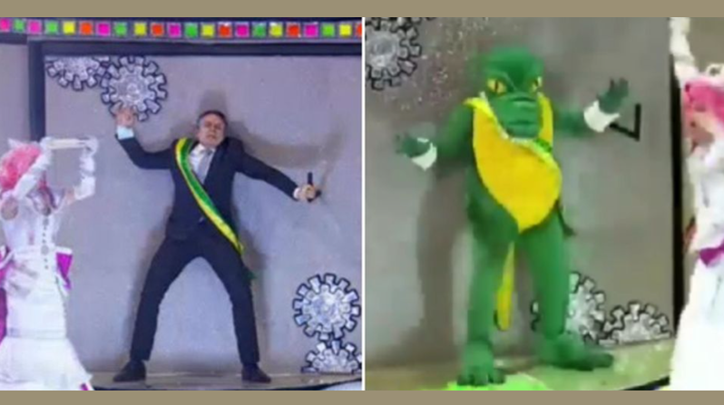 VÍDEO: Bolsonaro é vacinado e se transforma em jacaré no carnaval de SP