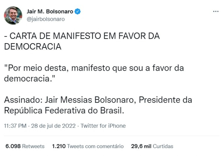 Bolsonaro escreve a própria carta 'em favor da democracia