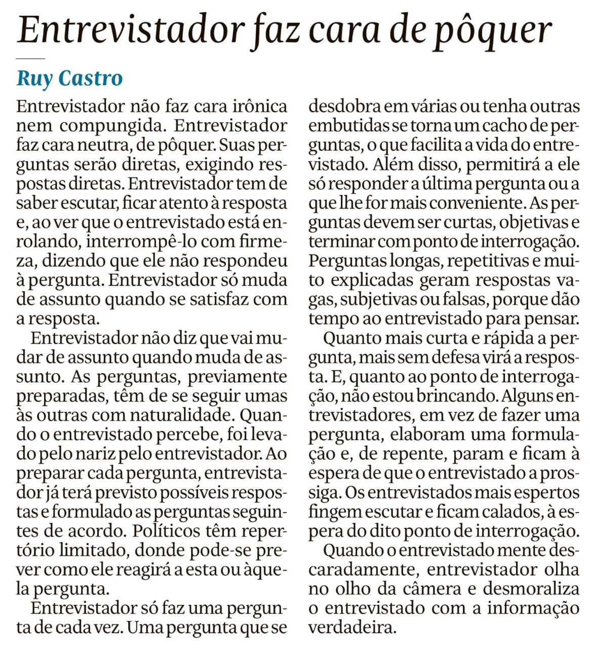 Artigo do jornalista Ruy Castro