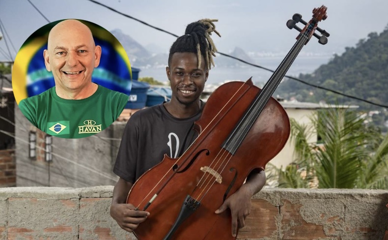 O violoncelista Luiz Carlos Justino e Luciano Hang
