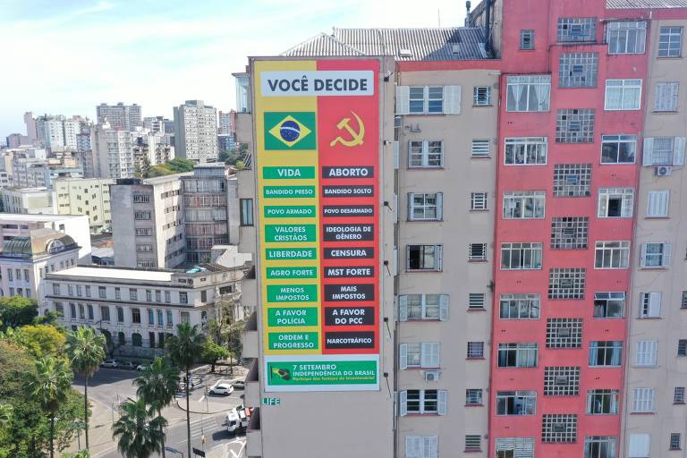 Painel publicitário instalado em Porto Alegre que convoca a população para o 7 de setembro