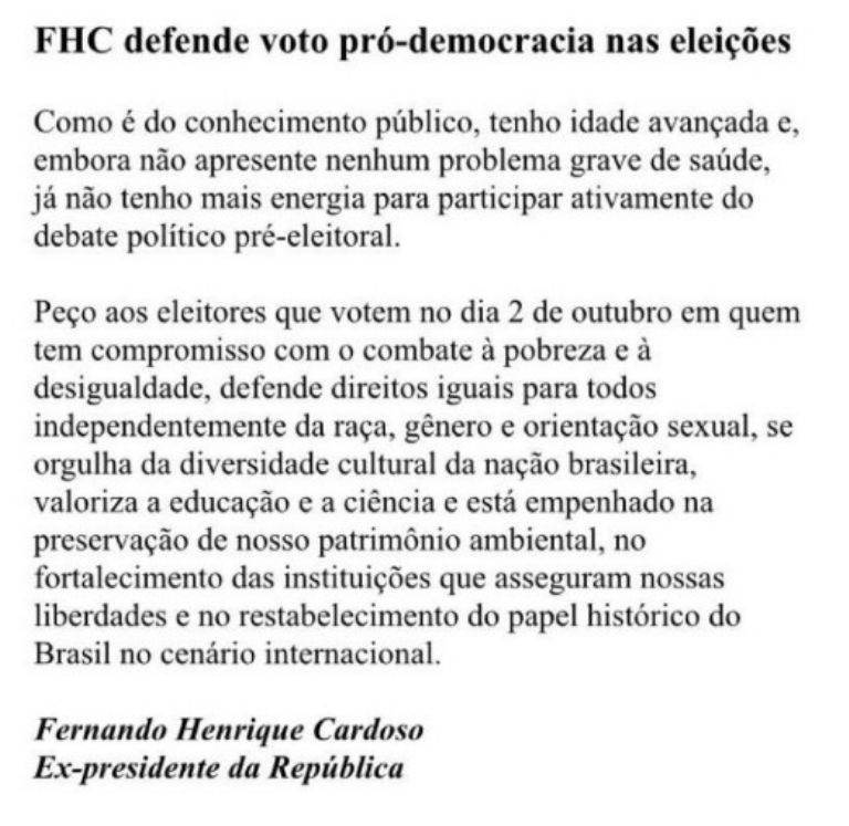 FHC emite nota contra reeleição de Bolsonaro