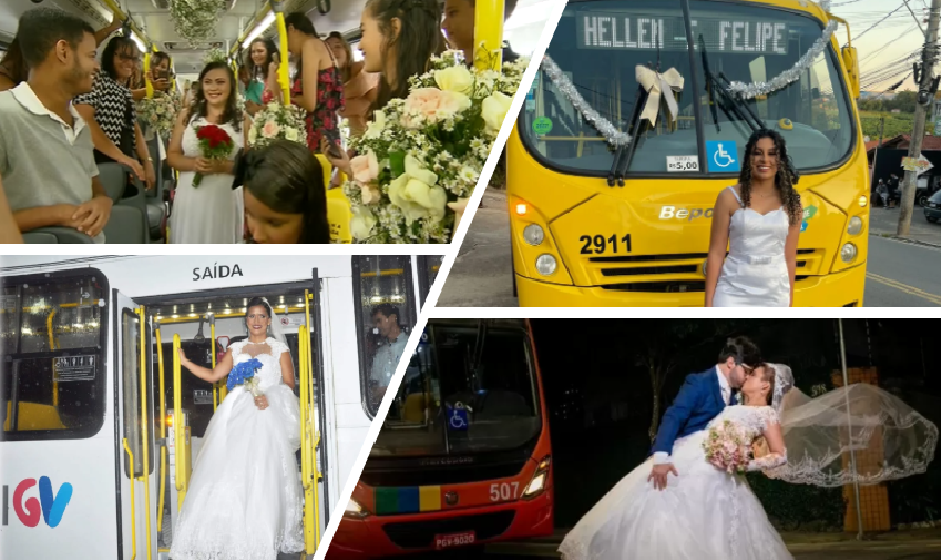 Nada de carrão... chegando de ônibus ao casamento