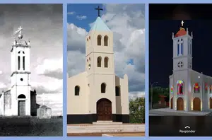 Modelo primeiro da igreja de Bocaina, como ela estava no últimos anos e como ficará aa nova igreja(Montagem pensarpiaui)