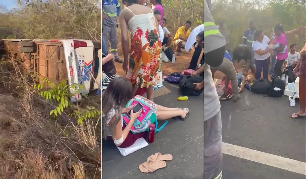 Ônibus levando pacientes de hemodiálise colide com carreta e tomba na BR-343, no Piauí