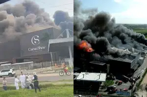 Incêndio de grandes proporções atinge fábrica da Cacau Show no ES(Montagem Pensar Piauí)