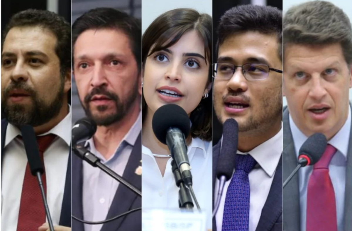 Os pré-candidatos à Prefeitura de São Paulo Guilherme Boulos, Ricardo Nunes, Tabata Amaral, Kim Kataguiri e Ricardo Salles