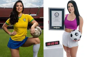 Raquel Freestyle é a nova recordista de embaixadinhas do Guinness Book(Montagem Pensar Piauí)