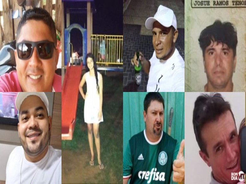 Vítimas da chacina: Orisberto (acima), Maciel Bruno (abaixo), Larissa de Almeida (meio), Orisberto (acima direita), Adriano (abaixo), Josué (acima direita) e Eliseu Santos (abaixo)