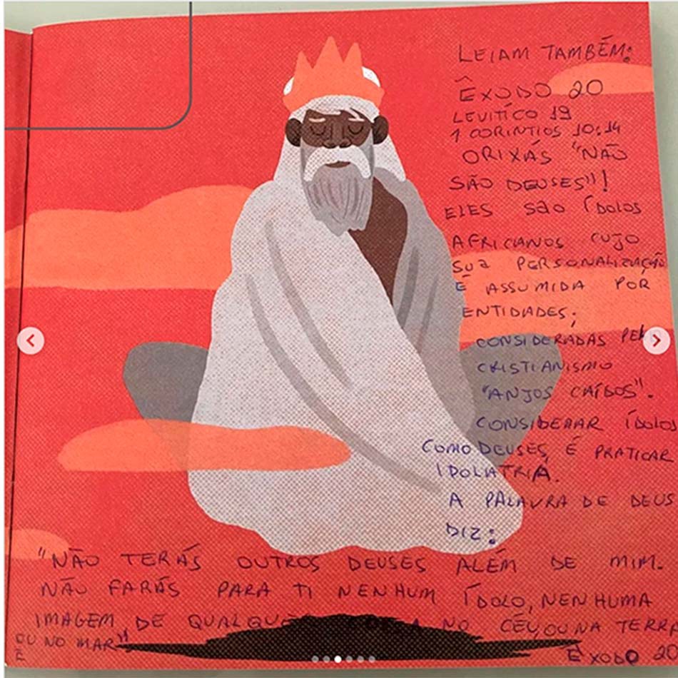 Anotações feitas pela mãe de um estudante de Salvador no livro infantil Amoras: ataque às religiões afro-brasileiras