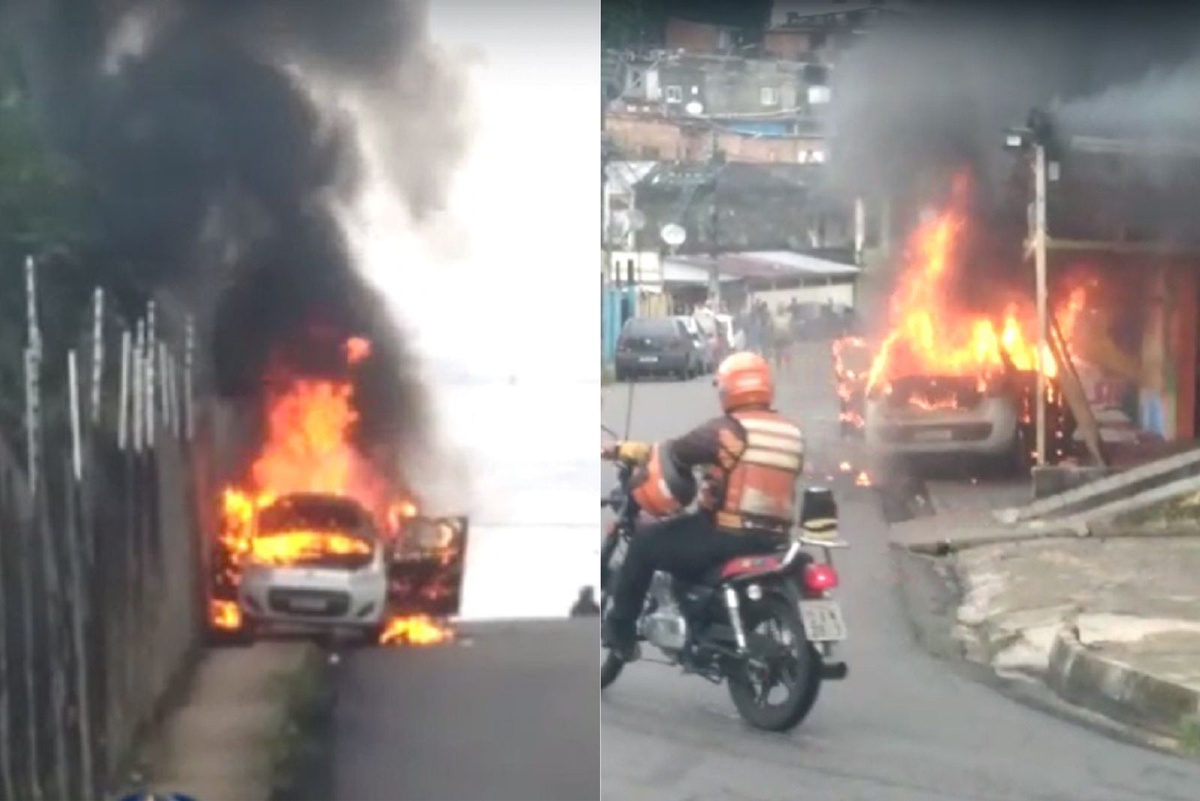 Carro desce ladeira pegando fogo e colide violentamente com bar em Manaus