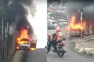 Desgovernado, carro em chamas desce ladeira e atinge bar em Manaus(Reprodução)