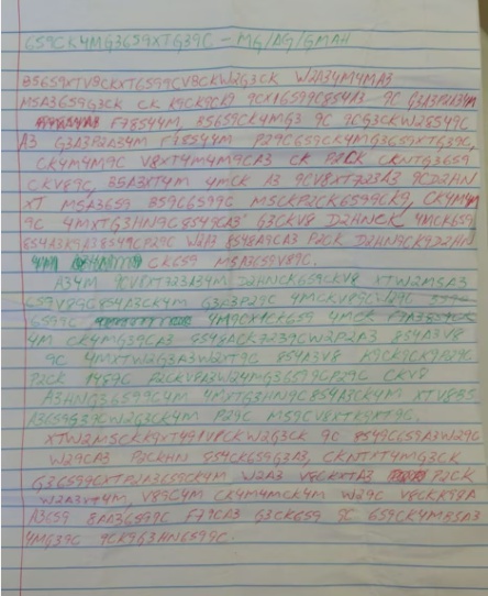 Carta apreendida com visitante da Penitenciária 2 de Presidente Venceslau, em São Paulo, escrita em código