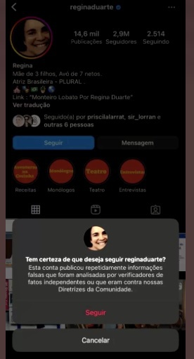 Regina Duarte punida pelo Instagram