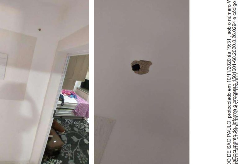 Marcas das balas de Orestes Bolsonaro nas paredes da casa da ex-mulher, em foto tirada pela Polícia Civil
