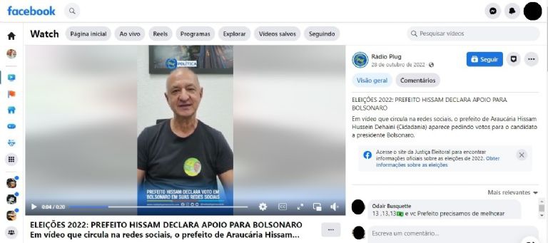 Postagem de Hissam Hussein Dehaini em apoio à reeleição de Jair Bolsonaro (PL)