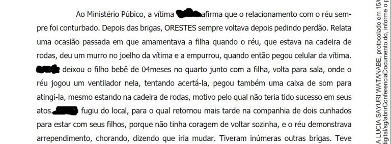 Trecho de documento do MP-SP em que é narrada agressão à vítima por Orestes Bolsonaro. O nome da agredida foi ocultado pela reportagem