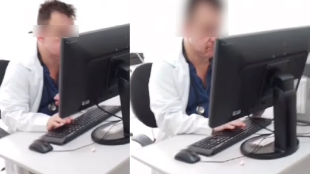 Vídeo feito pela neta da paciente mostram o médico nervoso, mexendo os pés de forma frenética, tocando o rosto e o nariz repetidamente, enquanto digitava com força no teclado do computador.